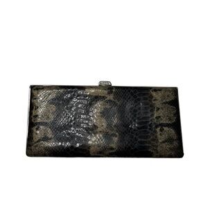 LODIS Black and Tan Rectangular Snake Clutch with Metal Clasp 8” x 4”